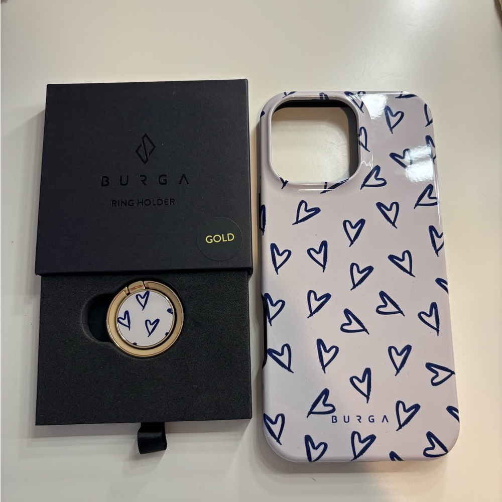 White and Blue Heart Pattern Phone Case with Gold Ring Holder